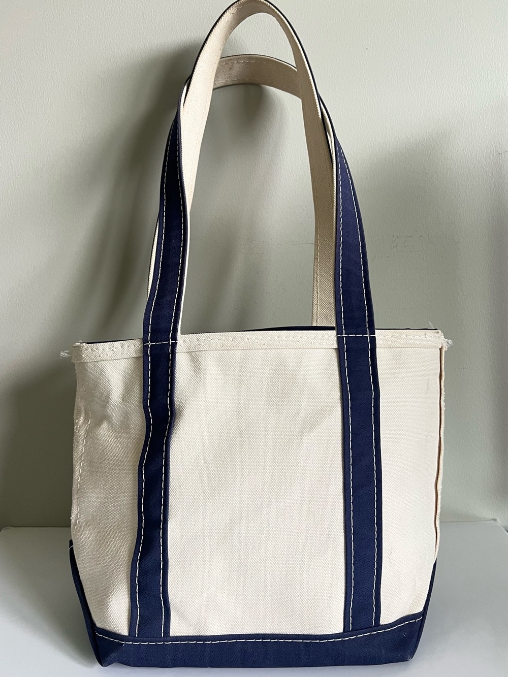 LL Bean Small Canvas Tote Bag in Cream with Navy Trim and Zipper
